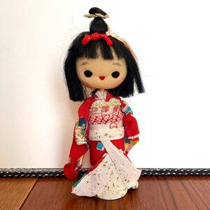 Vintage Japanese Doll Cloth Face - Fabric Kokeshi Kawaii Doll - Red Kimono